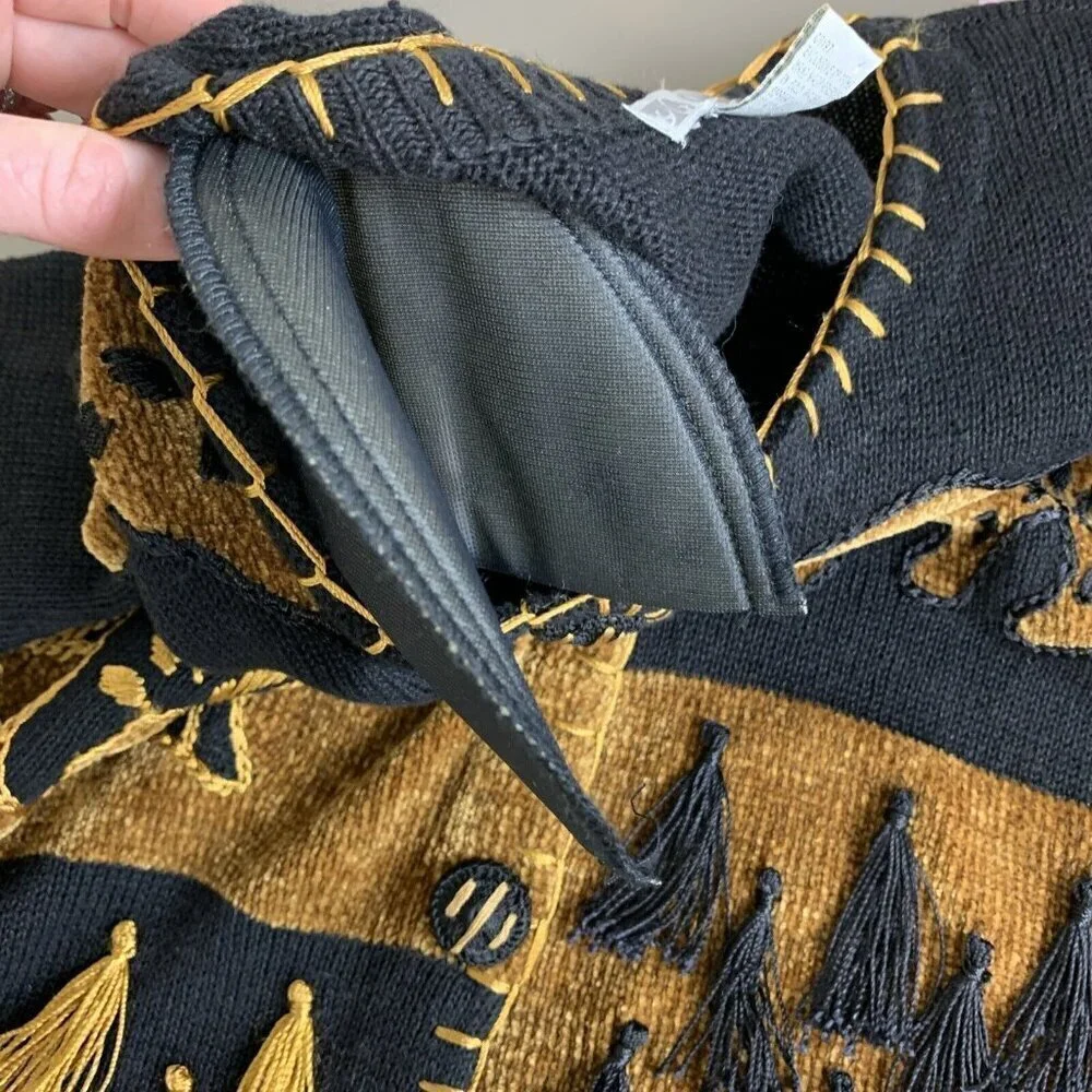 Dressbarn Womens Vintage Cardigan Sweater M Safari Jungle Animal Tassel 90s 80s